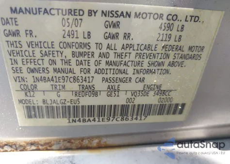 2007 Nissan Maxima 3.5 Sl from USA, damaged, VIN 1N4BA41E97C863417